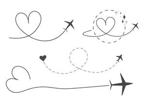Itinerary dashed trace heart shape, line airplane flight, dotted path, romantic aircraft tracking simple minimal trip isolated on white background. Plan with start point. Tatoo. vector