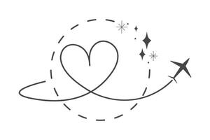 Itinerary dashed trace heart shape, line airplane flight, dotted path, romantic aircraft tracking simple minimal trip isolated on white background. Plan with start point. Tatoo. vector