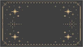 Golden celestial minimal esoteric frame, thin line border, mystyc linear decoration with dots, moon, stars corners isolated on dark background. Geometric shape, tarrot . vector