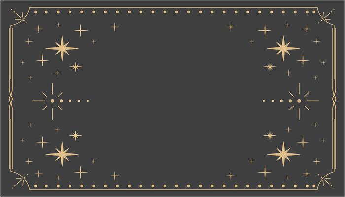 Golden celestial minimal esoteric frame, thin line border, mystyc linear decoration with dots, moon, stars corners isolated on dark background. Geometric shape, tarrot .