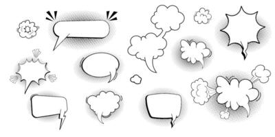 Comic speech bubble cloud with halftone, empty frame for text, boom or pow sound effects in pop art style. Set dialog balloons. vector