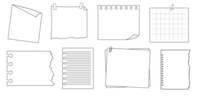 Memo sticky note reminder sheet paper. Doodle paper frame, check list with pin, tape, paperclip elements. Set cute notes, office or school messages. vector