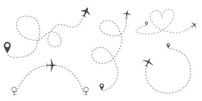 Itinerary dashed trace heart shape, line airplane flight, dotted path, romantic aircraft tracking simple minimal trip isolated on white background. Plan with start point. Tatoo. vector