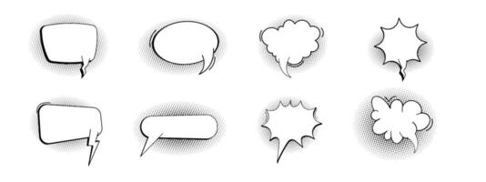 Comic speech bubble cloud with halftone, empty frame for text, boom or pow sound effects in pop art style. Set dialog balloons. vector