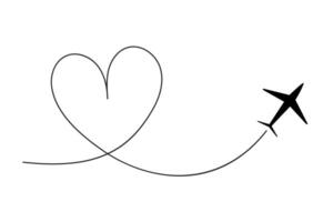 Itinerary dashed trace heart shape, line airplane flight, dotted path, romantic aircraft tracking simple minimal trip isolated on white background. Plan with start point. Tatoo. vector
