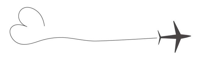 Itinerary dashed trace heart shape, line airplane flight, dotted path, romantic aircraft tracking simple minimal trip isolated on white background. Plan with start point. Tatoo. vector