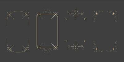 Golden celestial minimal esoteric frame, thin line border, mystyc linear decoration with dots, moon, stars corners isolated on dark background. Geometric shape, tarrot vector