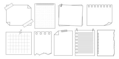 Memo sticky note reminder sheet paper. Doodle paper frame, check list with pin, tape, paperclip elements. Set cute notes, office or school messages. vector