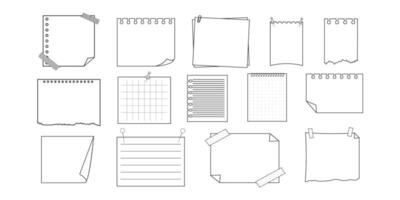 Memo sticky note reminder sheet paper. Doodle paper frame, check list with pin, tape, paperclip elements. Set cute notes, office or school messages. vector
