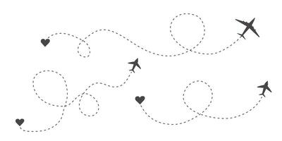 Itinerary dashed trace heart shape, line airplane flight, dotted path, romantic aircraft tracking simple minimal trip isolated on white background. Plan with start point. Tatoo. vector