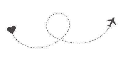 Itinerary dashed trace heart shape, line airplane flight, dotted path, romantic aircraft tracking simple minimal trip isolated on white background. Plan with start point. Tatoo. vector
