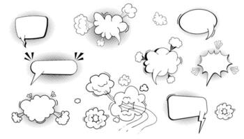 Comic speech bubble cloud with halftone, empty frame for text, boom or pow sound effects in pop art style. Set dialog balloons. vector