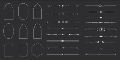 Silver celestial minimal esoteric frame, thin line border, divider mystyc linear decoration with dots, moon, stars corners isolated on dark background. Geometric shape, tarrot vector