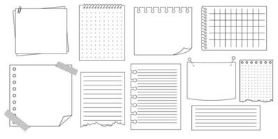 Memo sticky note reminder sheet paper. Doodle paper frame, check list with pin, tape, paperclip elements. Set cute notes, office or school messages. vector