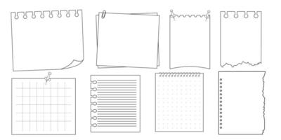 Memo sticky note reminder sheet paper. Doodle paper frame, check list with pin, tape, paperclip elements. Set cute notes, office or school messages. vector