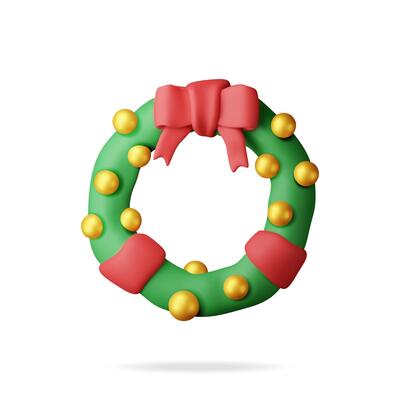 3D Christmas wreath with glass balls isolated. Render evergreen tree, fir branches. Happy new year decoration. Merry christmas holiday. New year and xmas celebration.