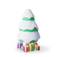 3D Christmas tree decorated with gift boxes isolated. Render spruce, evergreen tree and pile of gift boxes. Greeting card, festive poster, party invitations. New year and xmas. vector