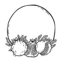 Round frame with fruits and pomegranate leaves, round outline with a pattern. botanical black and white frame, hand drawn in graphic style. Drawing for food and cosmetics packaging design, menu vector