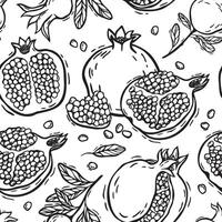Pomegranate branches with leaves. seamless pattern in linocut style. Suitable for use in textile design, wallpaper, kitchen decor and wrapping paper. Black and white lines for coloring vector