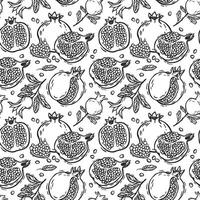 Pomegranate branches with leaves. seamless pattern in linocut style. Suitable for use in textile design, wallpaper, kitchen decor and wrapping paper. Black and white lines for coloring vector