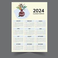 2024 Calendar template illustration flower with vase. Calendar 2024, week start Sunday corporate design template . Wall calendar 2024. flower vase illustration simple unique calendar template. vector