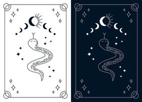 Split tarot cards collection with outline single line mystical snake and moon eclipse. Esoteric mystical deck with linear drawings. design template, boho style. Monochrome design vector