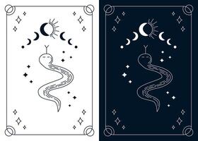 Set of Split tarot cards. Esoteric mystical deck with linear chrystal sphere with eye. design template, boho style. Monochrome outline design vector