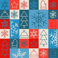 Seamless pattern in geometric style with winter items and snowflakes. Holiday traditional elements in simple outline geometric shapes, flat style. Good for wrapping, textile, cover design vector