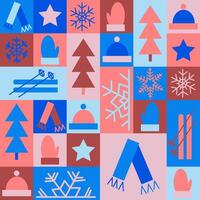 Winter seamless pattern in geometric style with winter items and snowflakes. Holiday traditional elements in simple outline geometric shapes, flat style. Good for wrapping, textile, cover vector