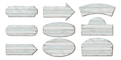 Blank signboard isolated various shapes made from cut timber panels turquoise blue colores distressed weathered graphic illustrated. Set of old nameplate wooden texture pattern frame tropical style. vector
