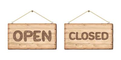 Open and Closed hanging signboard rectangle isolated made from cut timber panels whitewashed texture graphic illustration. Information sign for cafe, restaurant, bar or retail store. vector