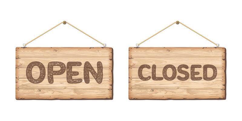 Open and Closed hanging signboard rectangle isolated made from cut timber panels whitewashed texture graphic illustration. Information sign for cafe, restaurant, bar or retail store.