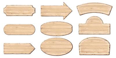 Blank signboard isolated various shapes made from cut timber panels and held together with brass rivets graphic illustrated. Set of nameplate wooden whitewashed texture pattern frame. vector