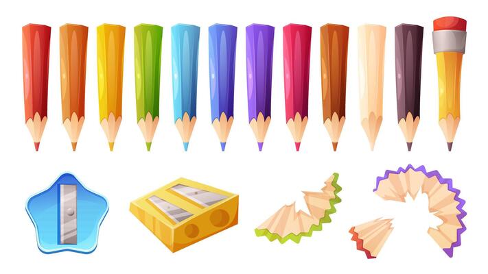 Set of colored and simple pencils, funny kids sharpeners, sawdust. cartoon illustration on white background