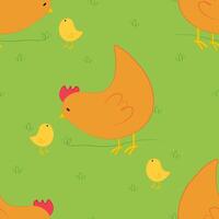 Seamless pattern with chickens and chicks. background with farm poultry vector
