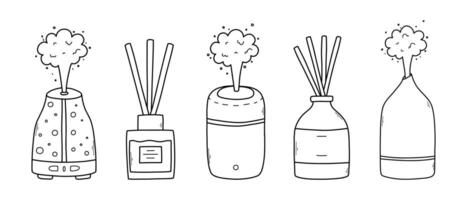 Set of aroma diffusers in doodle style. Collection of linear diffusers isolated on a white background. illustration. vector