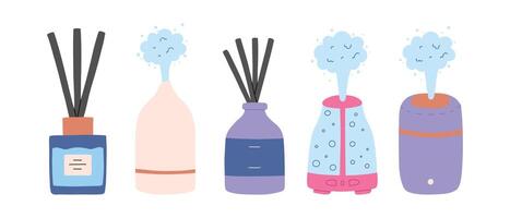 Set of aroma diffusers in flat style. Collection hand drawn diffusers isolated on a white background. illustration. vector