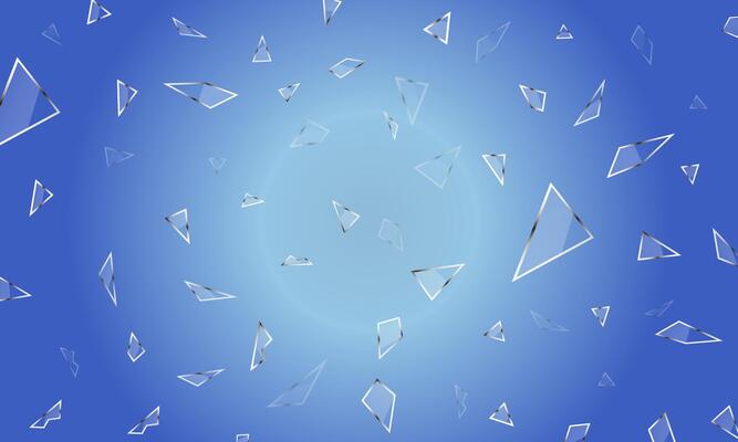 Scattered glass shatters. Pieces of glassy shards, broken window shard and cracked glass on blue background.