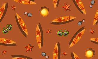 Seamless pattern with surf boards on brown background. vector