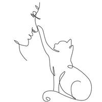 Girl with cat. Drawing with one line vector