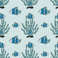 Sea bottom pattern with blue fish and algae on pastel blue background, seamless marine pattern. vector