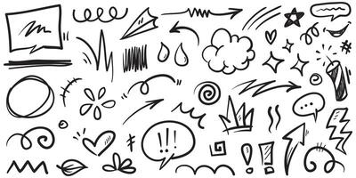 Doodle set of hand-drawn cartoony expression sign doodle, curve directional arrows, emoticon effects design elements, cartoon character emotion symbols, cute decorative brush stroke lines. vector