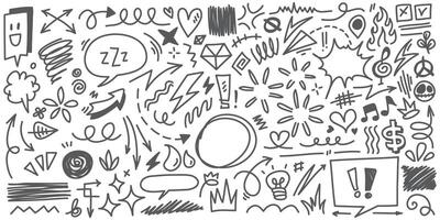 set of hand-drawn cartoony expression sign doodle, curve directional arrows, emoticon effects design elements, cartoon character emotion symbols, cute decorative brush stroke lines. vector