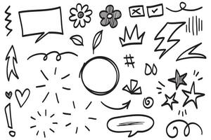 Doodle set of hand-drawn cartoony expression sign doodle, curve directional arrows, emoticon effects design elements, cartoon character emotion symbols, cute decorative brush stroke lines. vector