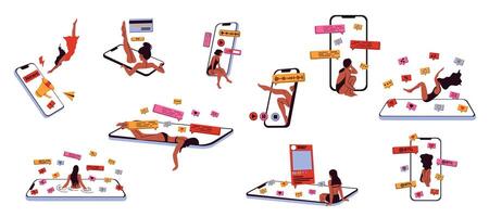 Set of doomscrolling at social media concept. Dependence on internet, information, and content. Gadget addiction. Illustration of people falling into a smartphone vector