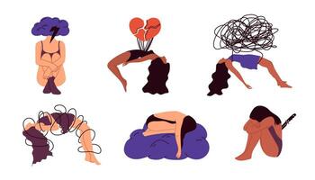 Set of sad and unhappy people experiencing depression and grief. A woman with a mental disorder feeling sorrow, despair, and frustration. Psychology concept vector