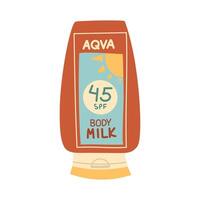 A jar of sunscreen. BODY MILK is in a closed tube. Cosmetics. Face and body care products. The icon of the Spf cream jar aqua. object in a flat style. Retro colors. An isolated object. Spf 45 vector