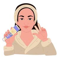 An illustration of the instructions on how to apply sunscreen to a girl's face in a bathrobe. Apply the fluid cream with SPF protection on two fingers with the flat side up. Application rule. Isolated vector