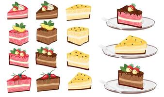 Slice of cake set with different flavors and topping. Cake on the plate. Sweet food and dessert. Birthday element. Flat in cartoon style isolated on white background. vector
