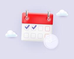 Calendar icon with checkmark and clock. Work and day planning concept on background with clouds. vector